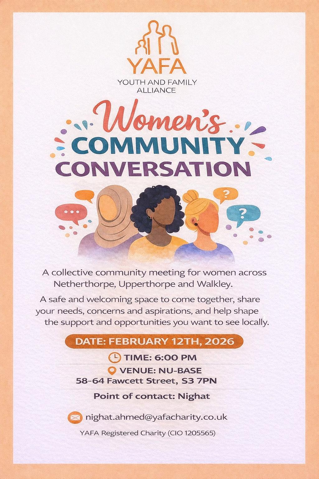 YAFA womens community conversation flyer new