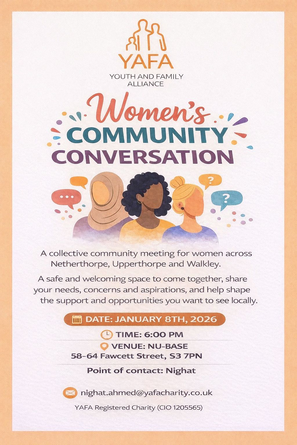 YAFA womens community conversation flyer